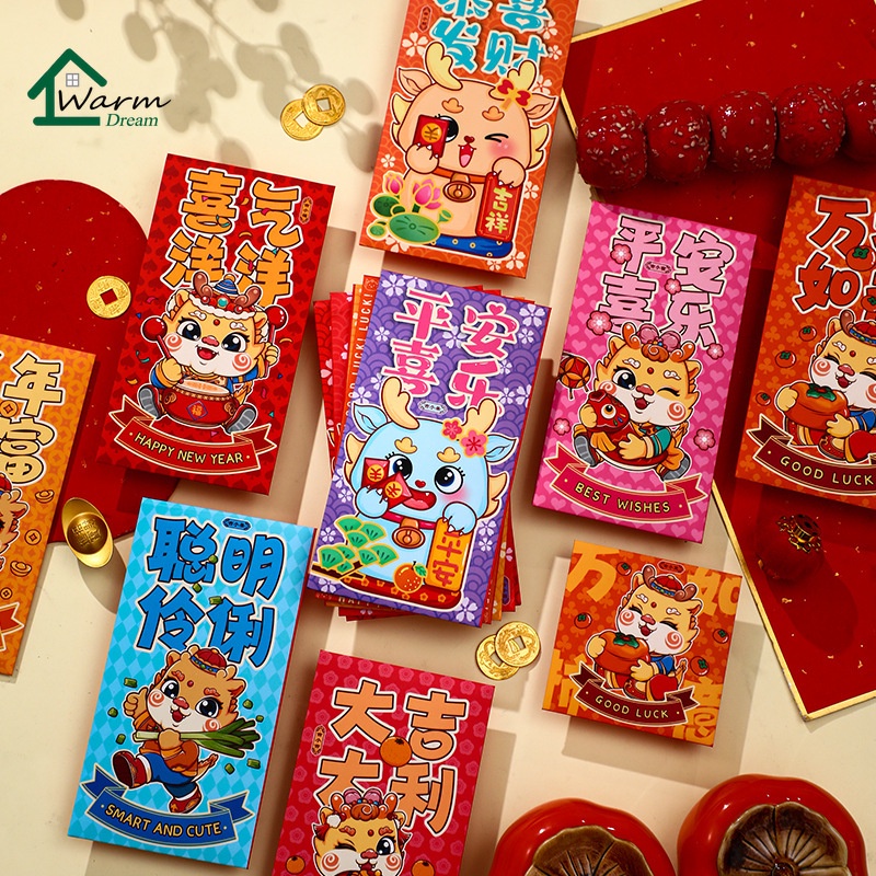 Set 6 Bao Lì Xì Mừng Năm Mới 2024 Màu Đỏ angpao cny