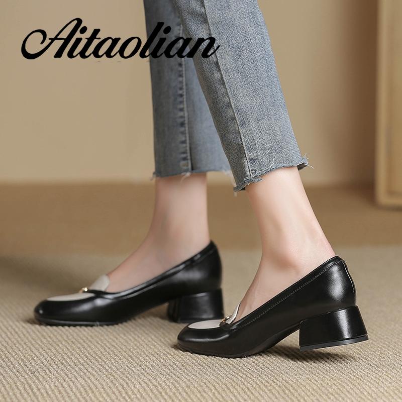 Giày Cao Gót 4cm Da Mềm Mũi Vuông Phong Cách Anh Quốc