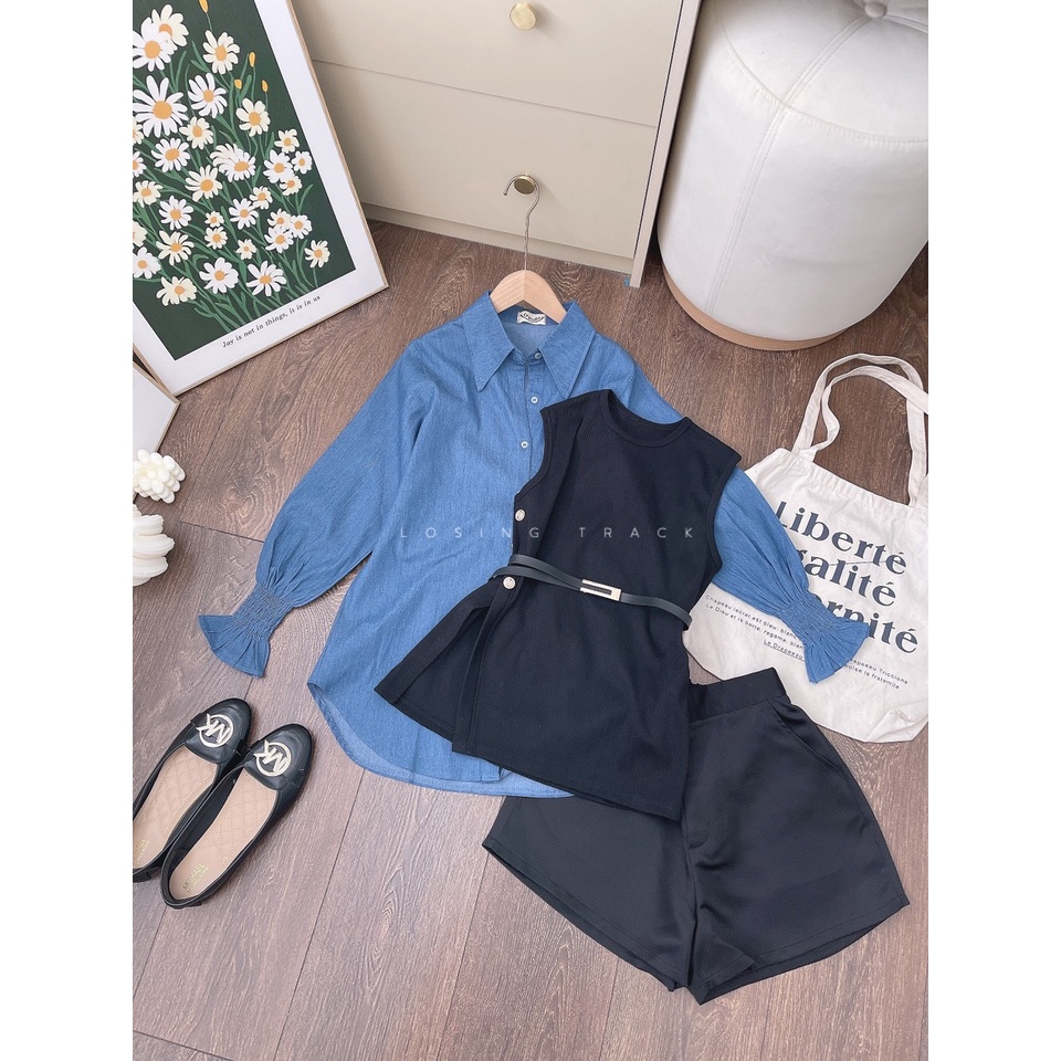 Set sơmi jean xanh kèm gile +quần short đen kèm belt