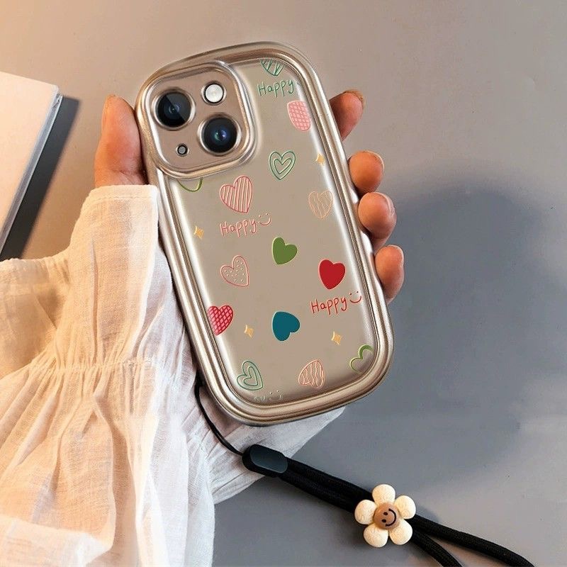 Ốp Điện Thoại Dẻo Màu Đen In Hình Hoa / Trái Tim / oval Có Dây Đeo Cho iphone 15 pro max 14 13 12 11 pro max xr ix