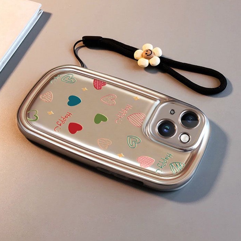 Ốp Điện Thoại Dẻo Màu Đen In Hình Hoa / Trái Tim / oval Có Dây Đeo Cho iphone 15 pro max 14 13 12 11 pro max xr ix