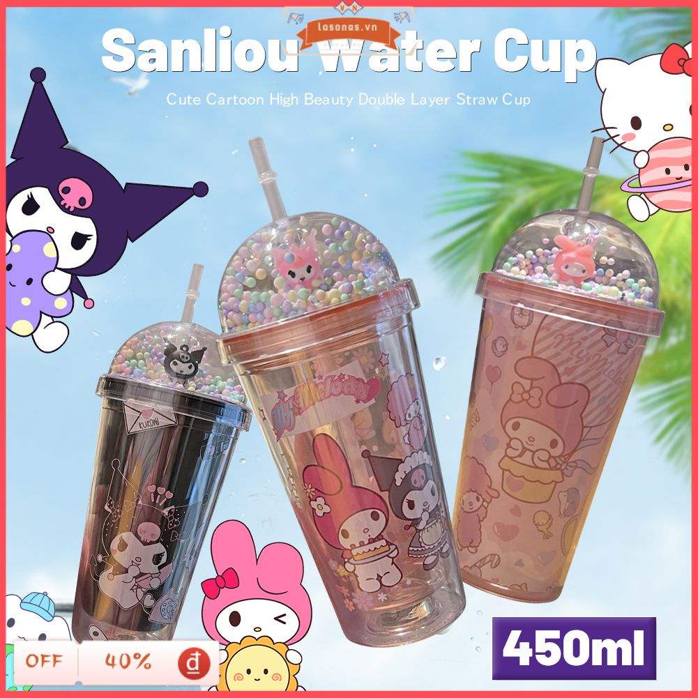 Chai nước bằng nhựa kuromi mới Cốc uống nước hoạt hình dễ thương Sanrio sáng tạo Cốc rơm hai lớp có vẻ đẹp cao cấp