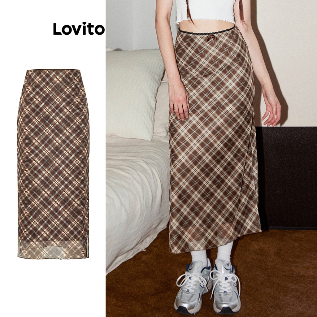 Chân váy xòe Lovito 2 lớp họa tiết kẻ sọc phong cách preppy cho nữ L58AD073 