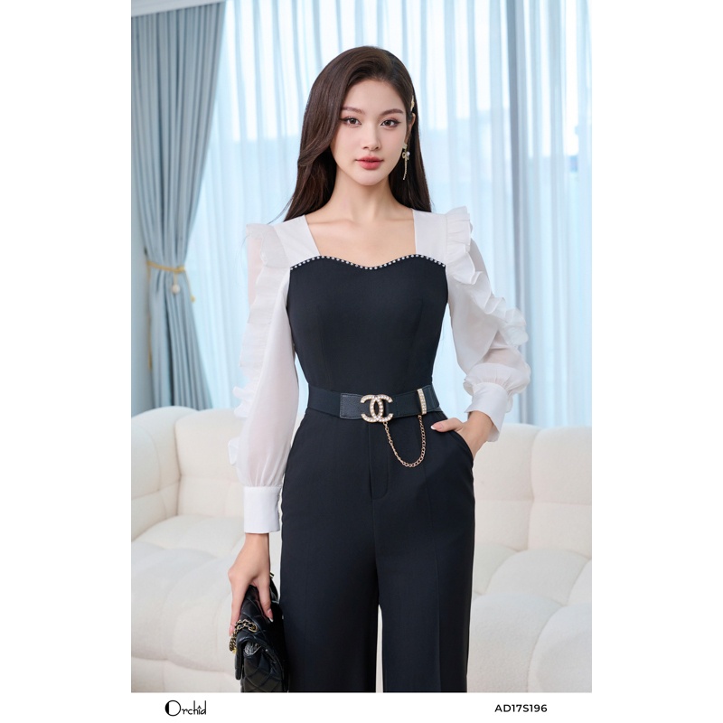 Set bộ jumpsuit thiết kế tay cách điệu phối quần suông chất chéo Hàn tặng kèm đai Orchid - AD17S196