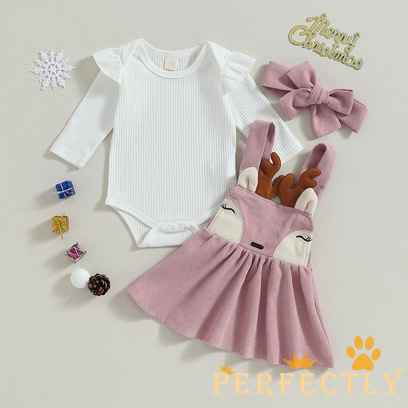 Set Áo Tay Dài + Váy Yếm + Băng Đô Hình Tuần Lộc Giáng Sinh Cho Bé Gái