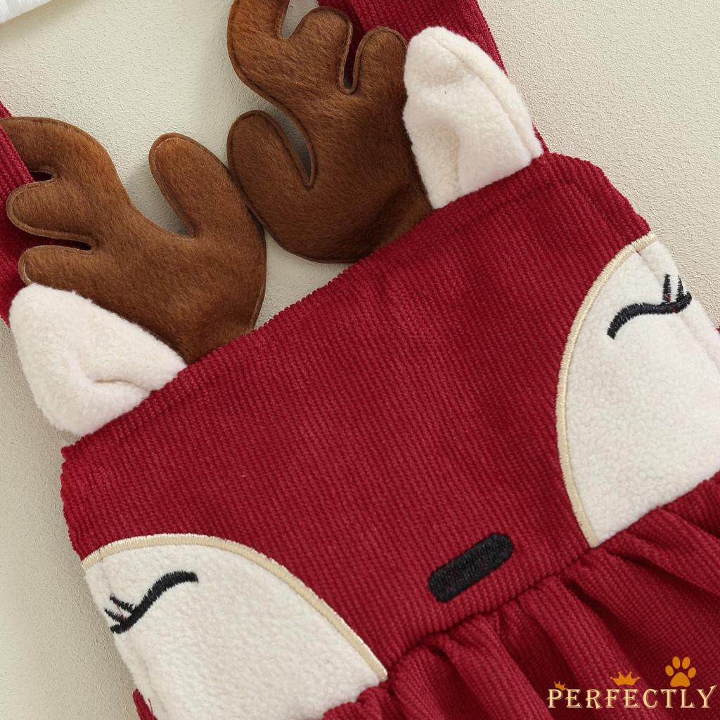 Set Áo Tay Dài + Váy Yếm + Băng Đô Hình Tuần Lộc Giáng Sinh Cho Bé Gái