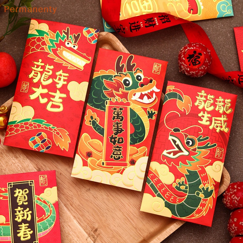 Set 6 Bao Lì Xì Đỏ May Mắn Phong Cách Trung Hoa 2024 Họa Tiết Hoạt Hình