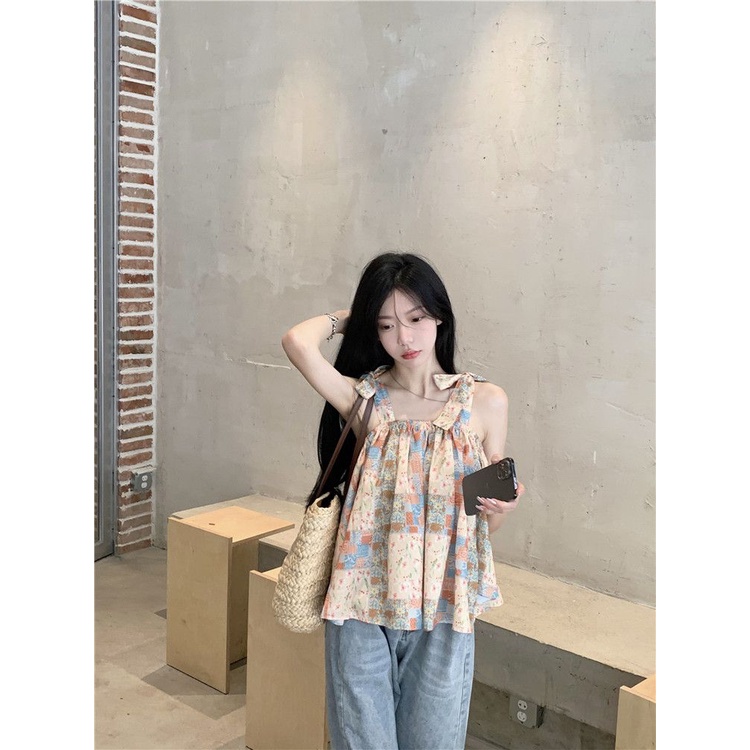 Áo Hai Dây Dáng Ôm Ngắn In Họa Tiết Thời Trang Mùa Hè Pháp 2023 Cho Nữ