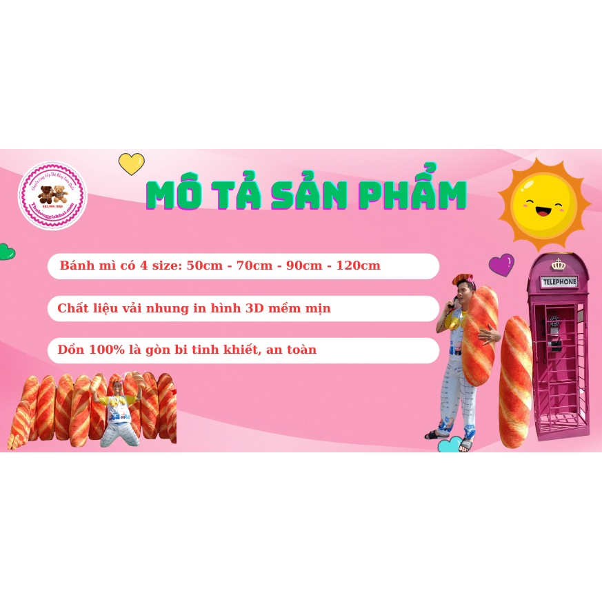 Gối Ôm Bánh Mì 3D Cao 50cm Gối Ôm Dành Cho Bé. Chất Liệu Vải Nhung, Được In Hình 3D, Hàng An Toàn Cho Bé.
