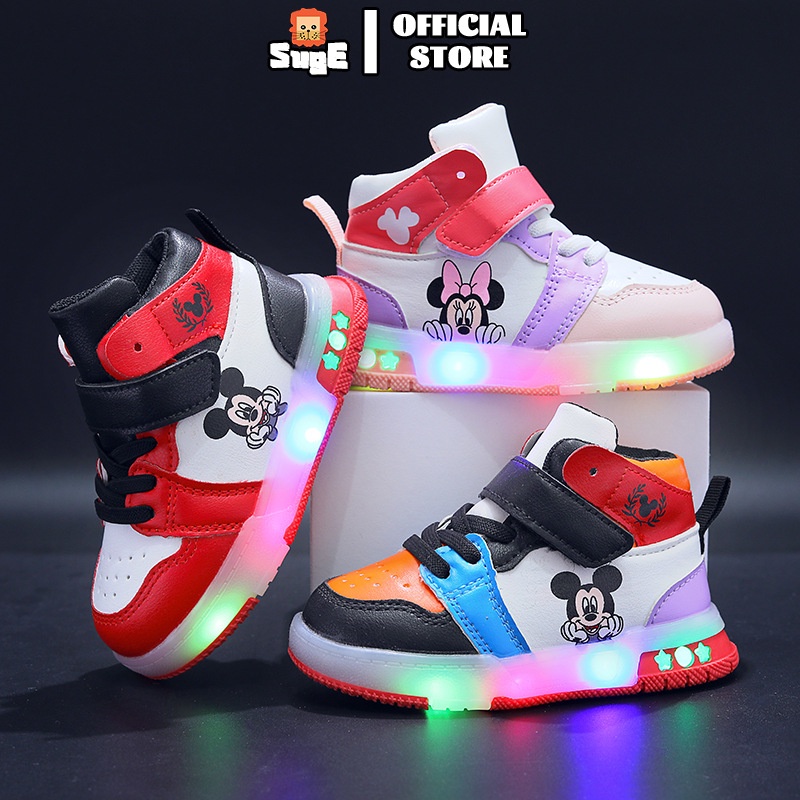 Suge Giày Thể Thao Cao Cổ Có Đèn led Hình Chuột mickey Cho Bé