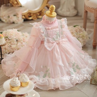 Đầm lolita cổ lọ màu hồng thời trang thu đông cho bé gái crlb