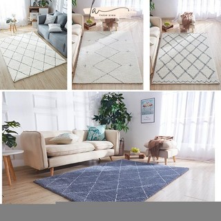 [Size lớn] Thảm trải sàn lông cừu trắng họa tiết kẻ cao cấp