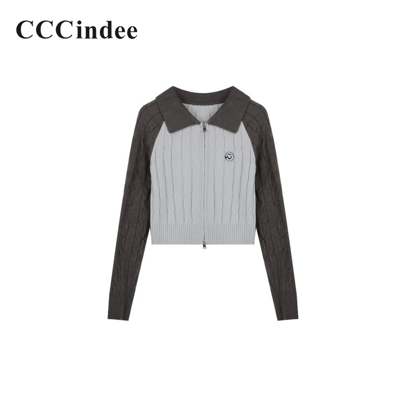 Cccindee Áo Khoác Tay Dài Cổ Bẻ Hai Khóa Kéo Ôm Dáng Màu Tương Phản Thời Trang Mới 2023 Dành Cho Bạn Nữ