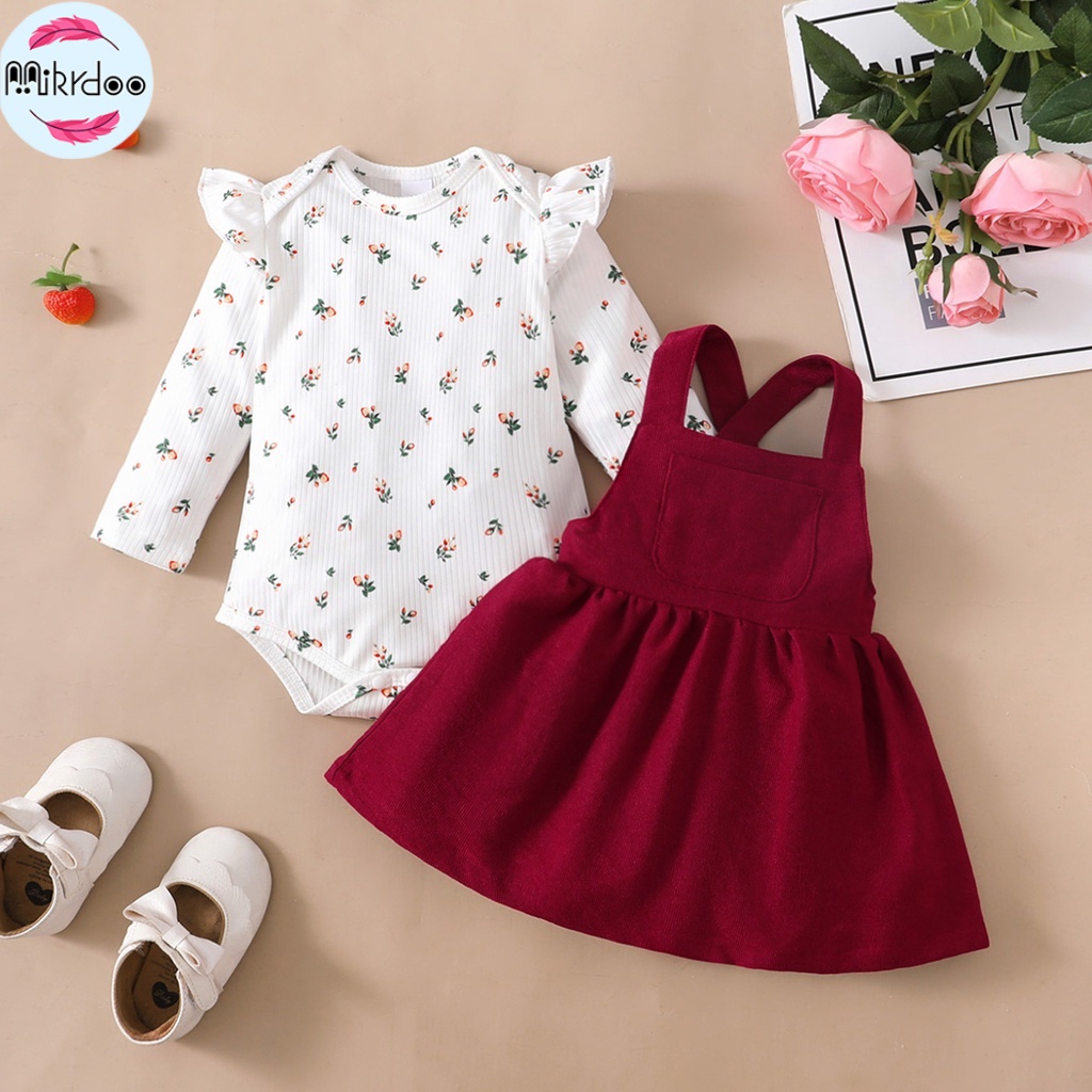 Bộ Váy Cho Bé Mikroo Baju Cho Bé Gái 0-24 Tháng 2PICS Cotton-Polyester Phối Vải In Hoa Body + Đầm Công Chúa Màu Đỏ Trơn Mặc Thường Ngày