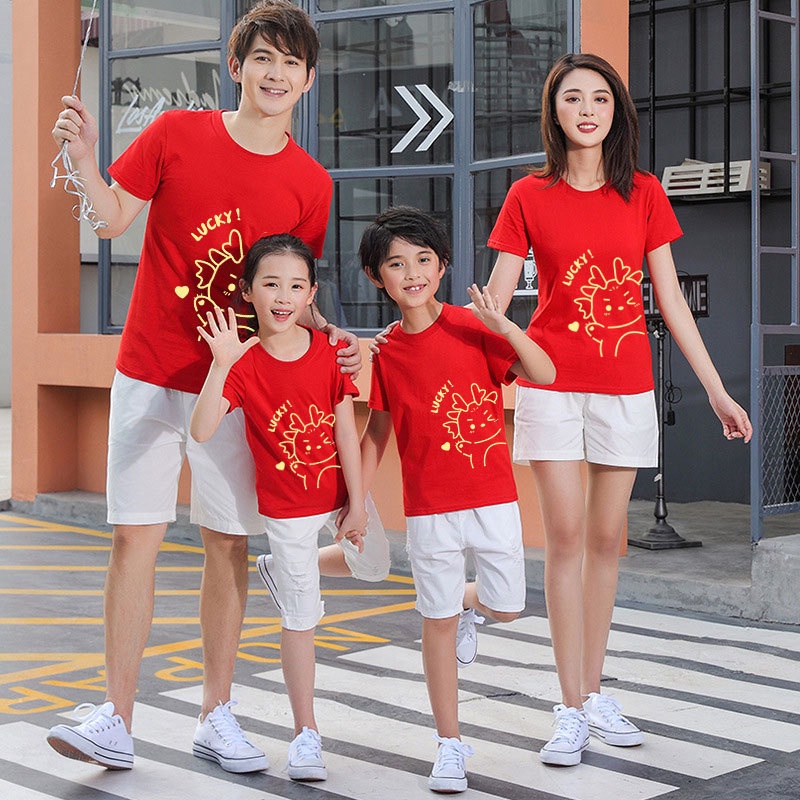 Set Áo Thun Tay Ngắn 95% cotton In Hình Rồng Hoạt Hình Mừng Năm Mới 2024