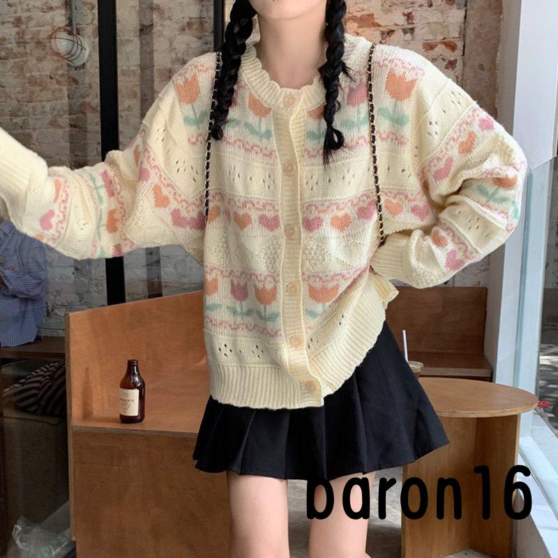 Áo cardigan Dệt Kim Tay Dài Cổ Tròn In Họa Tiết Hoa / Trái Tim Xinh Xắn Thời Trang Mùa Thu Cho Nữ