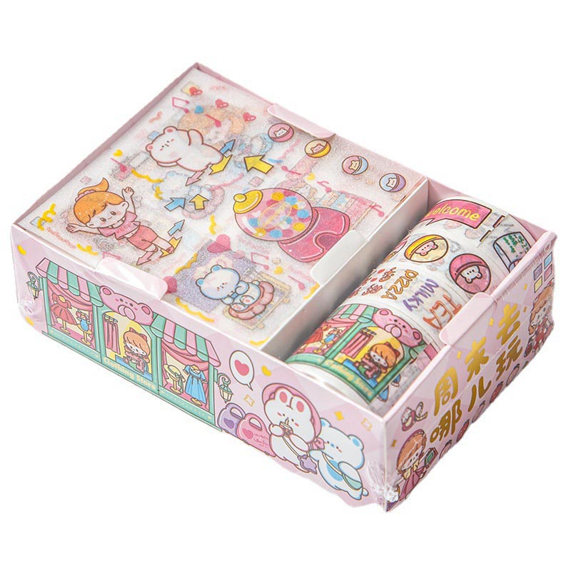 Hộp 8 món băng keo dính Washi tape + sticker dán trang trí sổ lưu niệm DIY hoa tiết hoạt hình cute HB