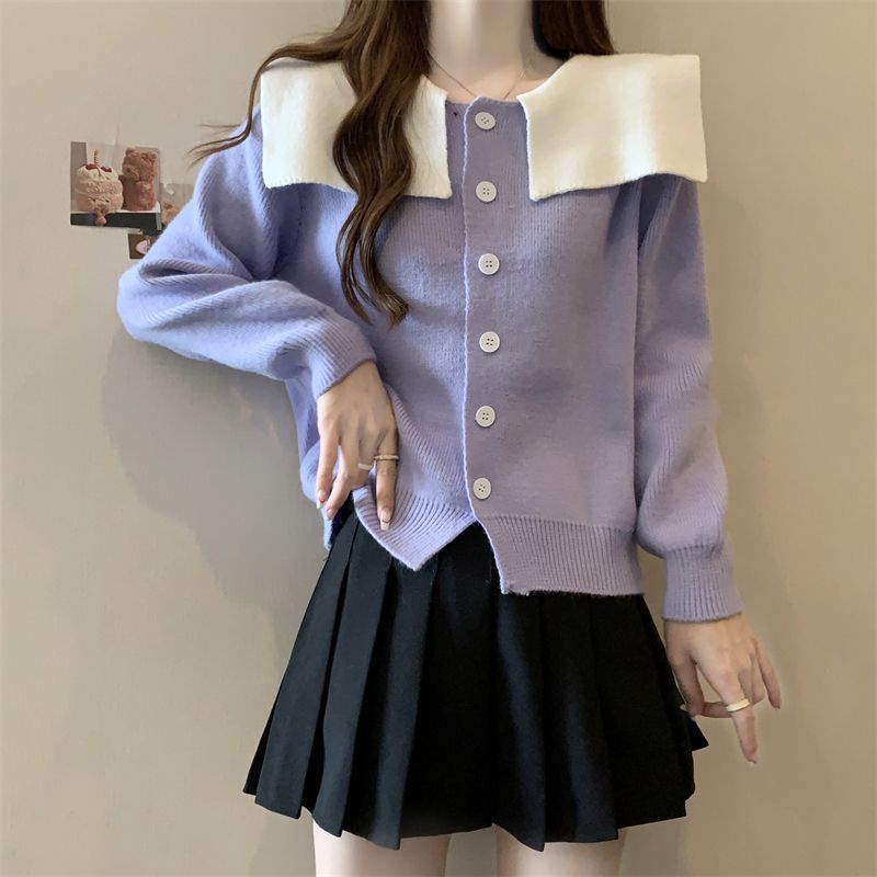 Áo sweater Cổ Hải Quân Tay Dài Dáng Rộng Phối Màu Tương Phản Thời Trang Thu Đông Cho Nữ