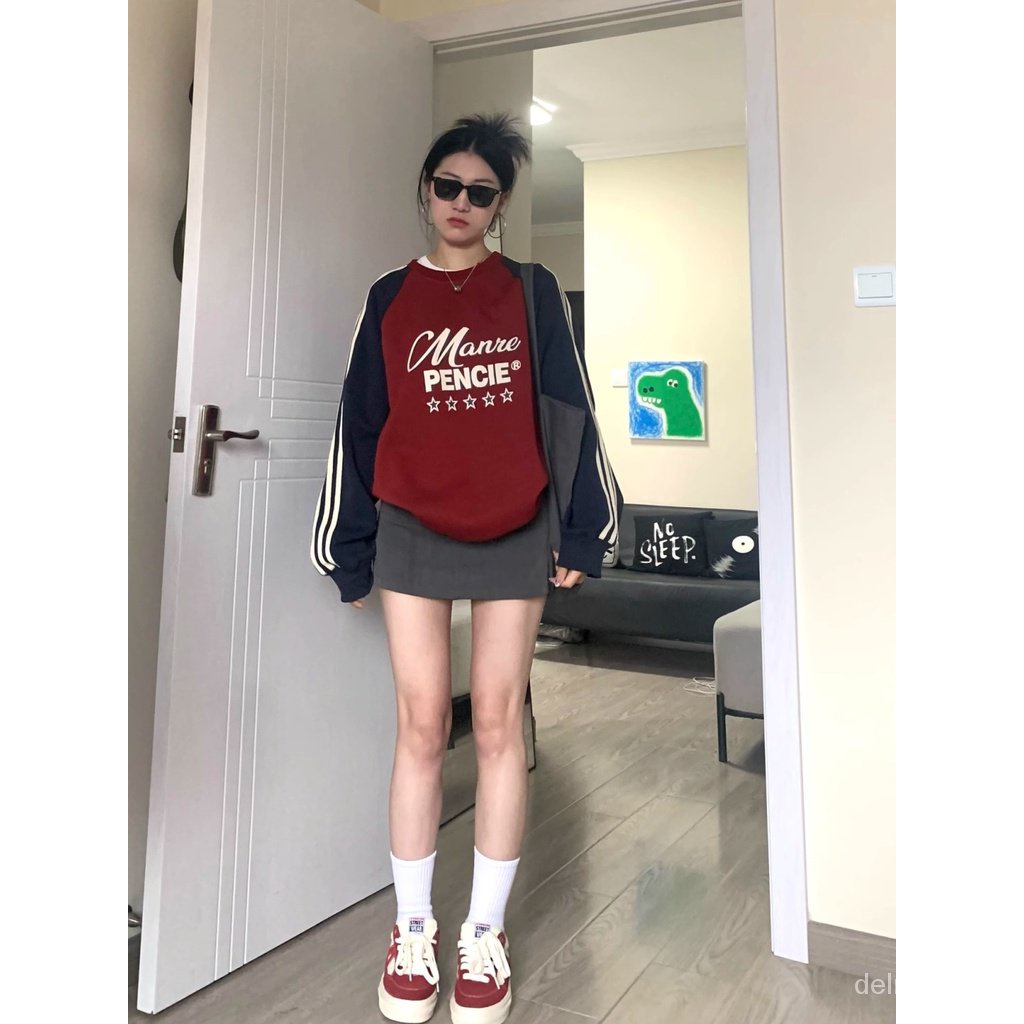 Áo Sweater Cổ Tròn Dáng Rộng In Chữ Màu Sắc Tương Phản Thời Trang Mùa Thu Cho Nữ