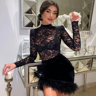 Đầm Ngắn Xuyên Thấu Phối Ren Gợi Cảm Phong Cách Mùa Thu Mới cc22325 Cho Nữ