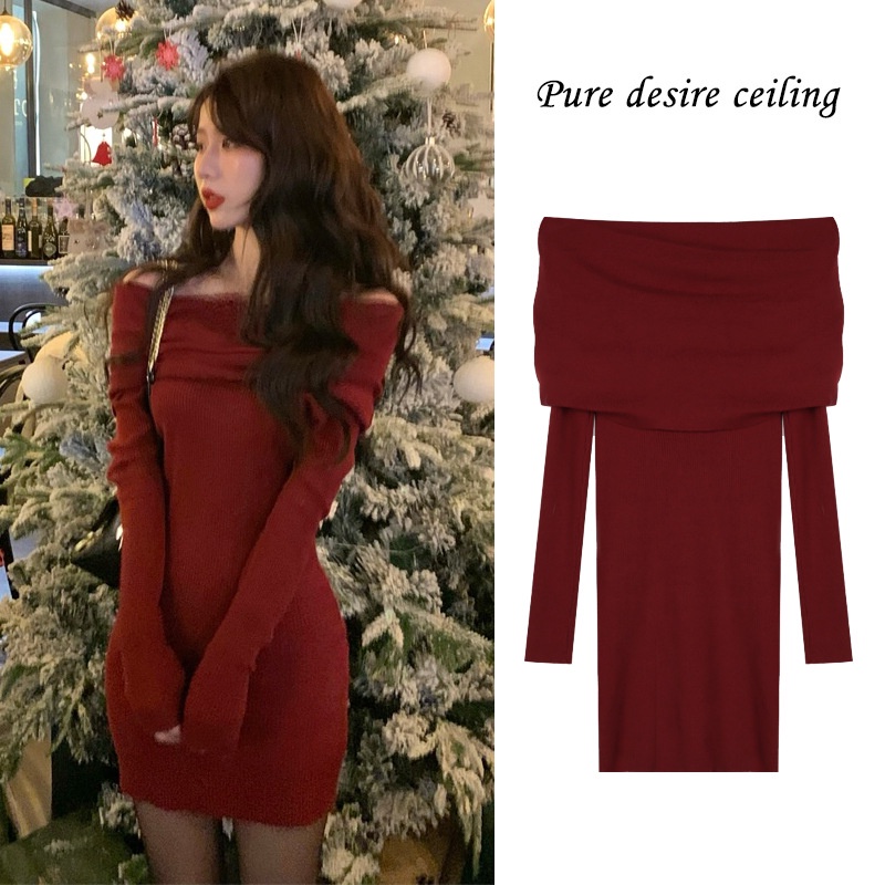Đầm ôm body nữ trễ vai tay dài thời trang quyến rũ cho nữ tont màu đỏ đen dành cho mùa Noel bubblu24.vn