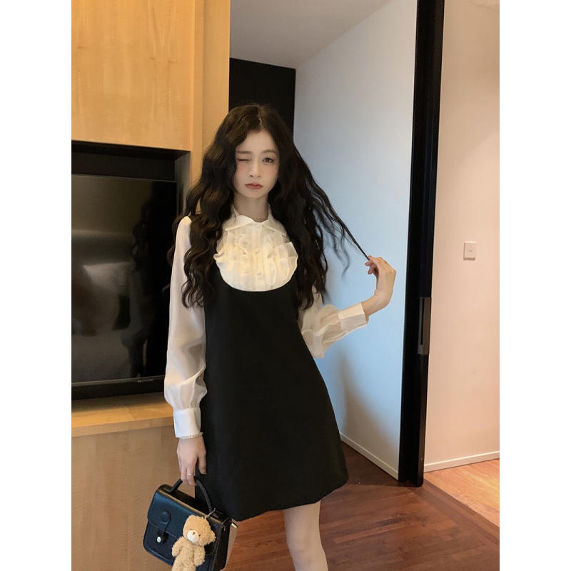 Ảnh chụp thật Đầm kèm áo trắng thắt nơ xinh xắn phong cách tiểu thư Bigsize thời trang