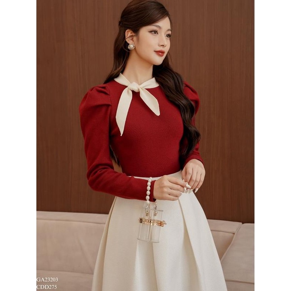 Áo len cổ viền vạt thắt nơ TIINSTORE GA23203