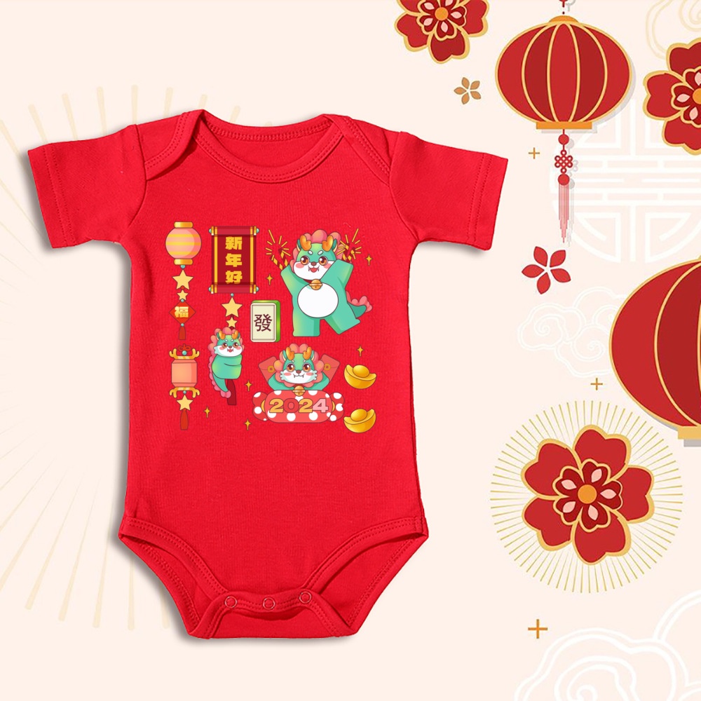 Áo Liền Quần Bằng cotton Tay Ngắn In Hình Rồng cny Năm Mới 2024 Dành Cho Bé Trai Gái
