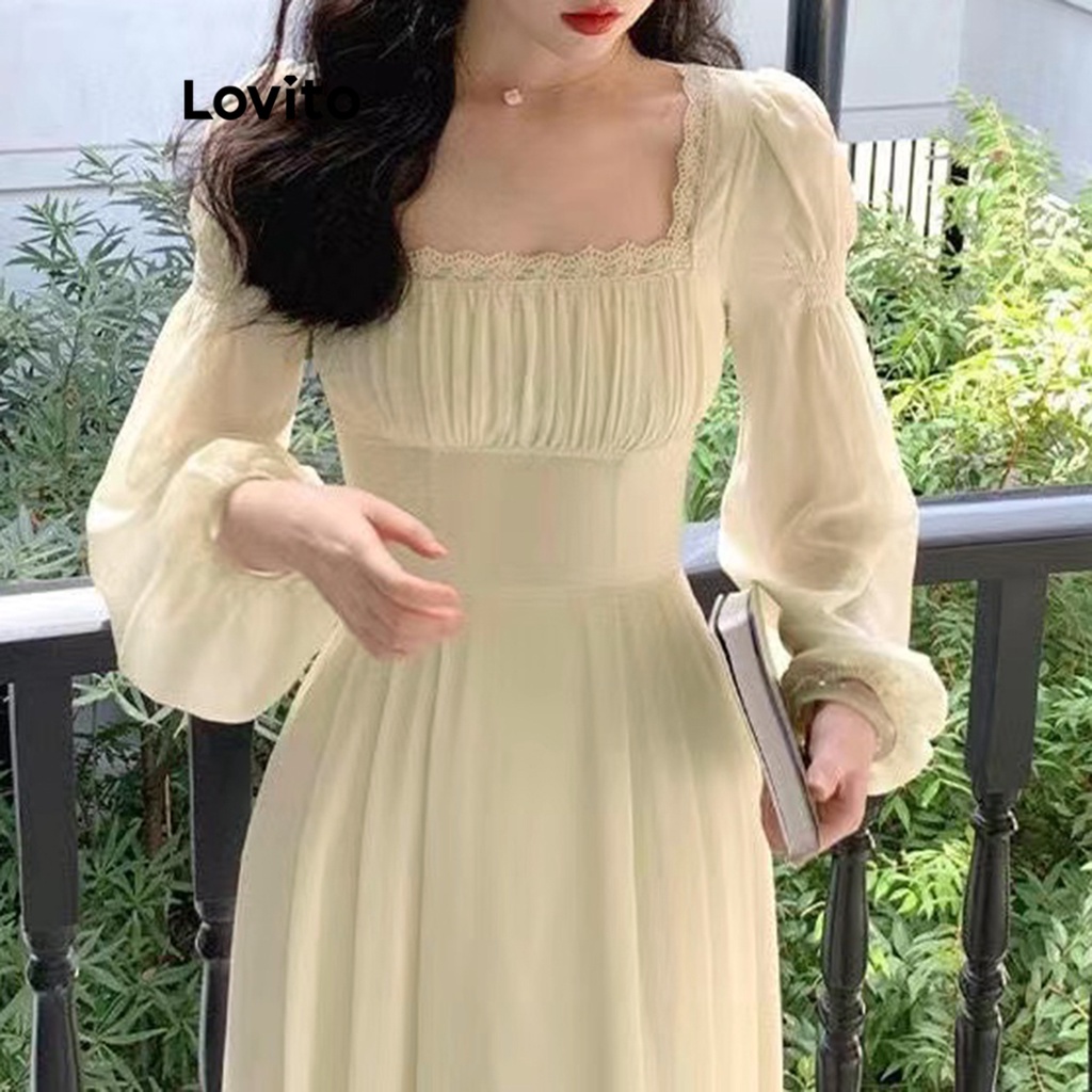 Lovito Đầm cổ vuông xếp nếp đơn giản cho nữ LNE29220 (Trắng)