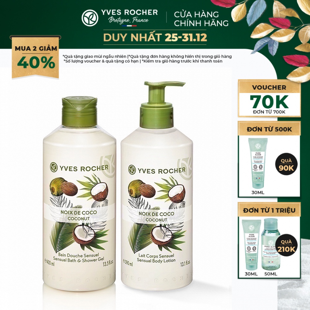 Combo Làm Sạch và Dưỡng Ẩm Yves Rocher Coconut Sensual Body Lotion 790ml