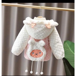 Áo khoác dài tay lông lót nỉ nhung hoạ tiết kèm túi 2 màu hồng, nâu cho bé gái size 8-18kg