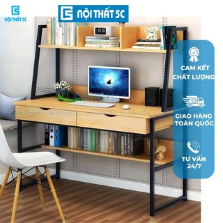 Bàn học tập, bàn làm việc Nội Thất 5C kèm kệ sách liền gầm bàn và trên mặt bàn khung sắt sơn tĩnh điện hiện đại