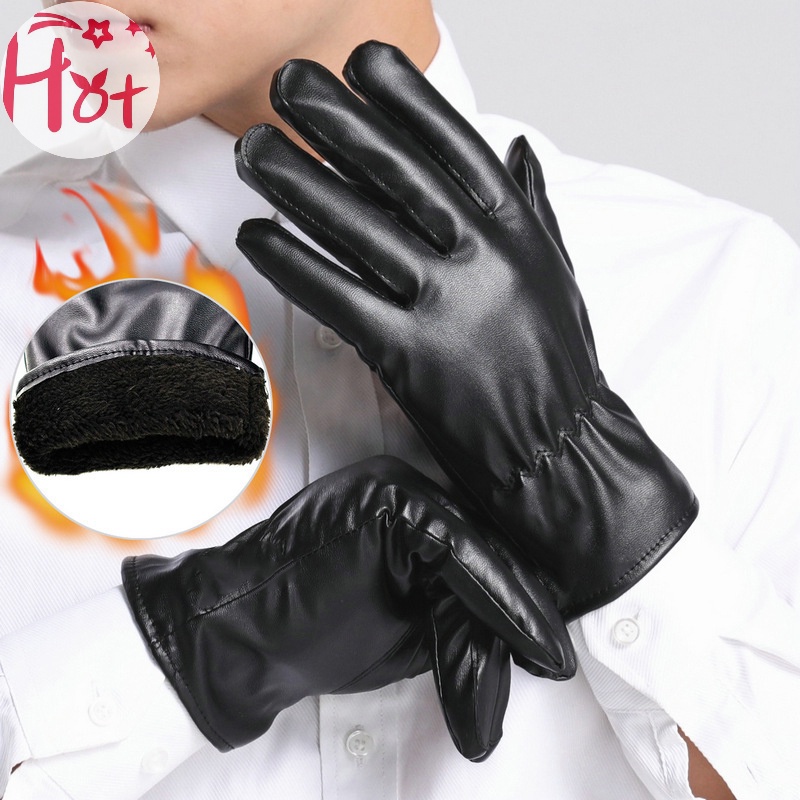 1 Đôi Găng Tay Da PU Lót Lông Cừu Giữ Ấm Chống Thấm Nước Cho Nam
