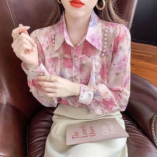 Áo Sơ Mi Chiffon Tay Dài In Hoa Phối Bèo Ngọt Ngào Thời Trang Mùa Xuân Kiểu Mới Dễ Phối Đồ