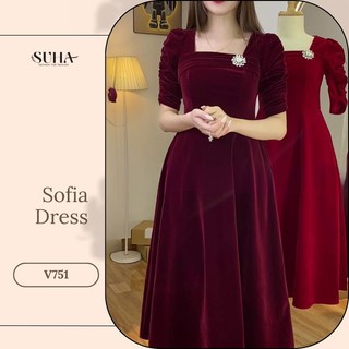 Váy nhung thiết kế tay lỡ dáng xòe che khuyết điểm, vải lỳ ko xù V751 Sofia Dress-SUHA FASHION Nữ Đầm
