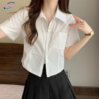 Áo sơ mi trắng, ve áo nữ, thiết kế dây kéo tình yêu, dáng ôm vừa vặn thời trang, áo sơ mi tay ngắn