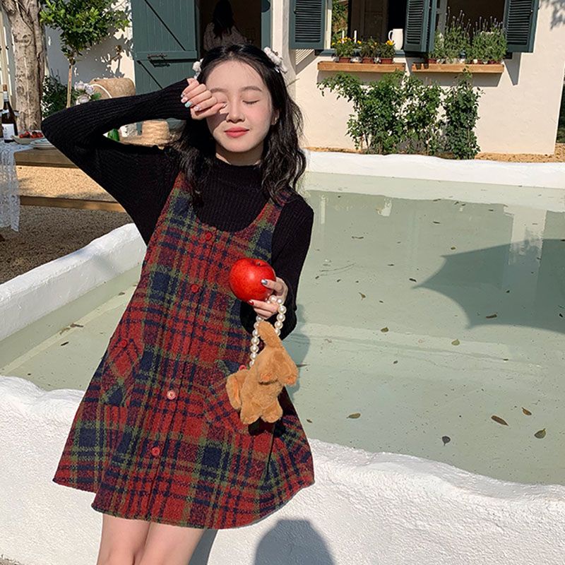 Đầm Yếm Len Sọc Ca Rô Dáng Rộng Thời Trang retro Cho Nữ