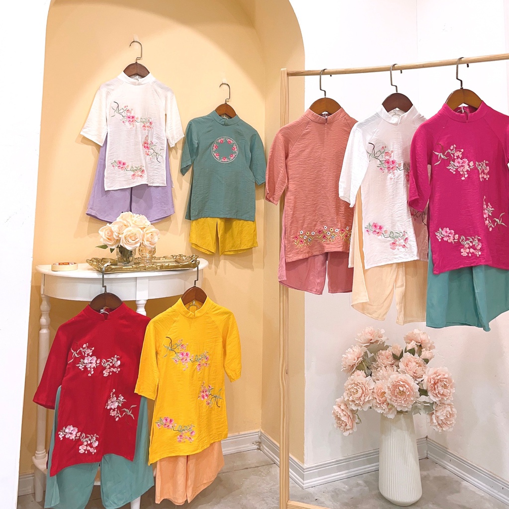 Áo dài bé gái thêu hoa truyền thống chất tơ đũi mềm mịn mát áo kèm quần MamLa