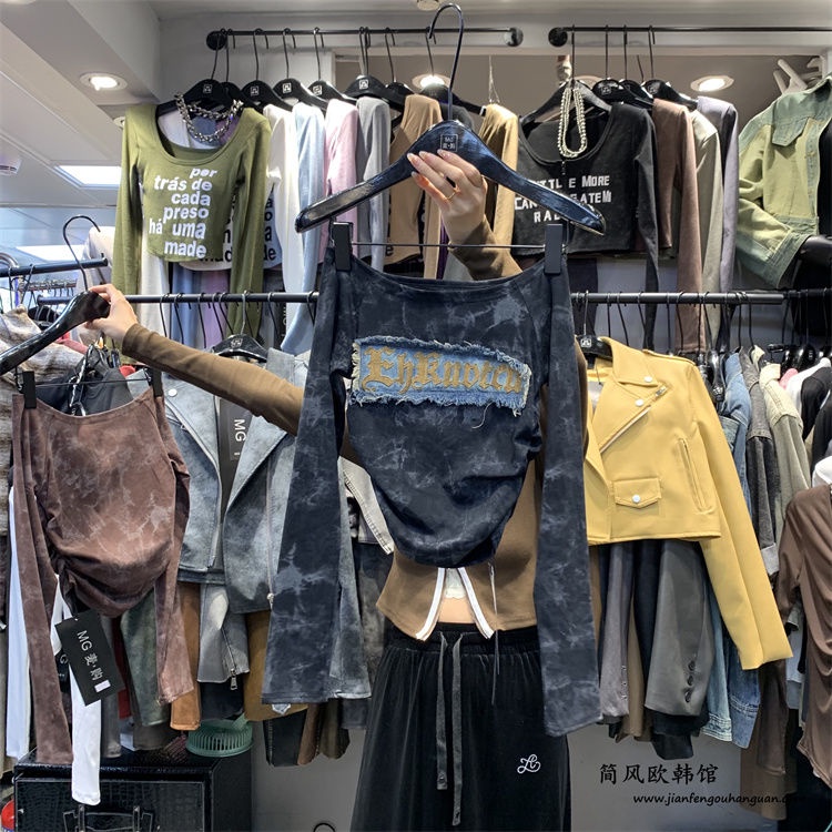 Áo Thun denim Thêu Chữ Thời Trang Mùa Thu Hàn Quốc 2023 Dành Cho Nữ