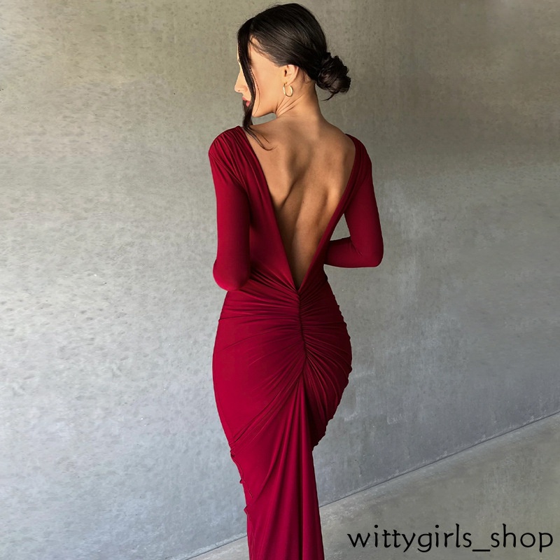 Cửa Hàng Wittygirls_Bộ Hàng | Đầm Dài Tay Cổ Chữ v Màu Trơn Thiết Kế Mỏng Quyến Rũ Thời Trang Mùa Thu Dành Cho Nữ