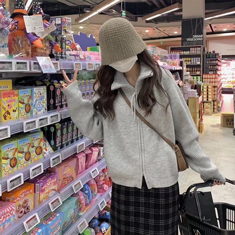 Áo Khoác Len Dệt Kim Phối Khóa Kéo Phong Cách retro Thời Trang Dành Cho Nữ