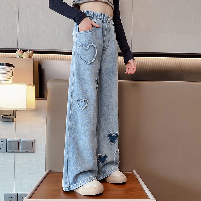 IQ Angel Quần denim Ống Rộng Viền Thô Hình Trái Tim Cho Bé Gái Trung Niên Và Người Lớn Tuổi