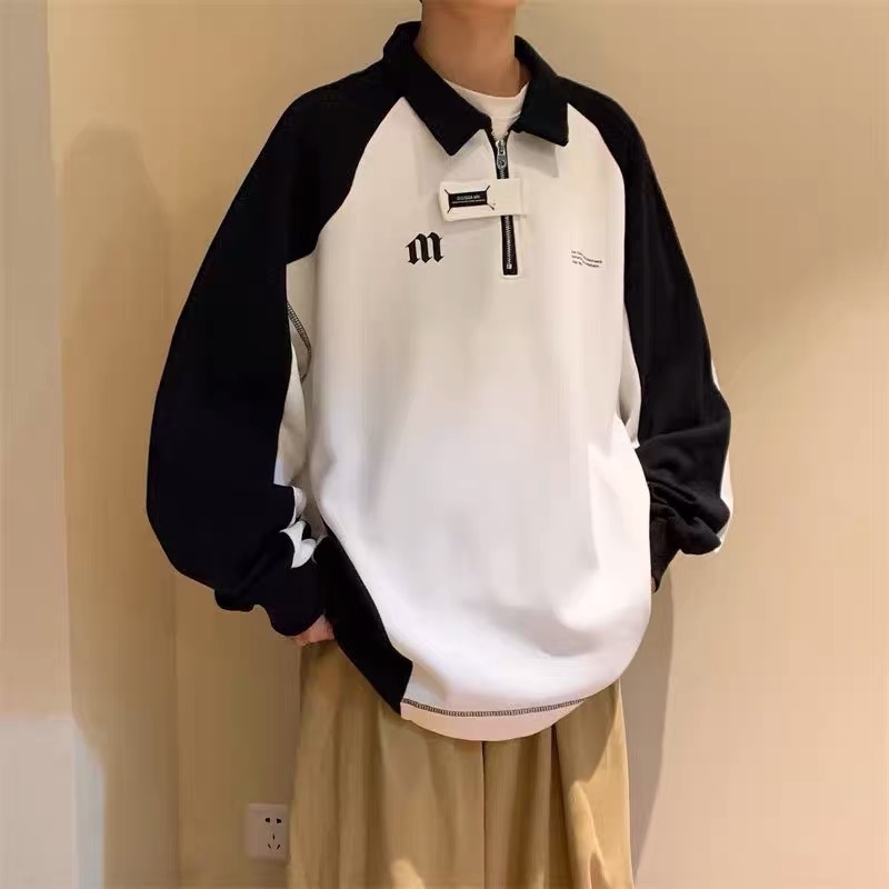 Áo nỉ sweater polo cho nam và nữ , phối màu đen trắng thêu chữ M kiểu dáng unisex 2023 EA096 Meme