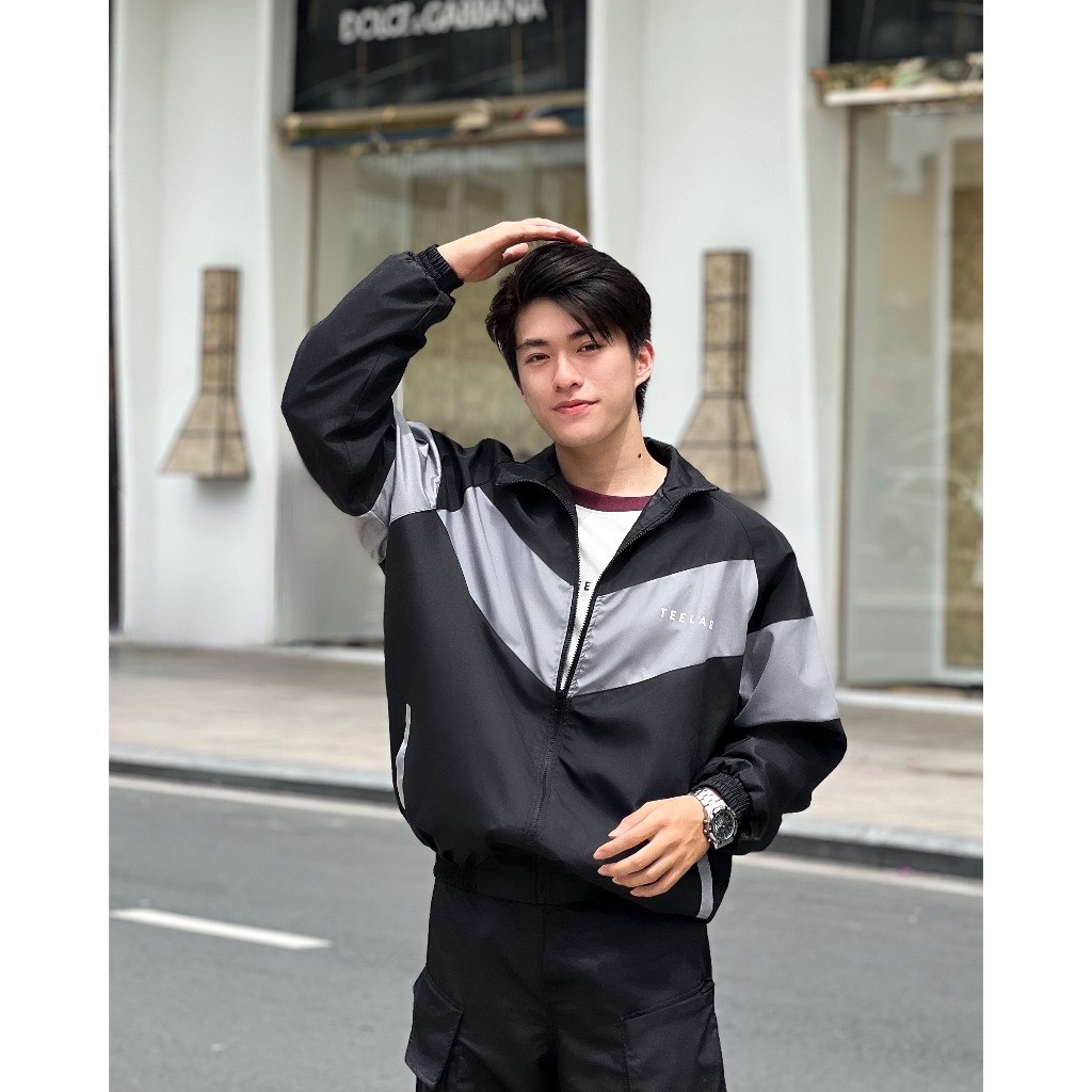 Áo khoác dù Teelab phối chéo đen xám, Áo khoác gió nam nữ Unisex 2 lớp