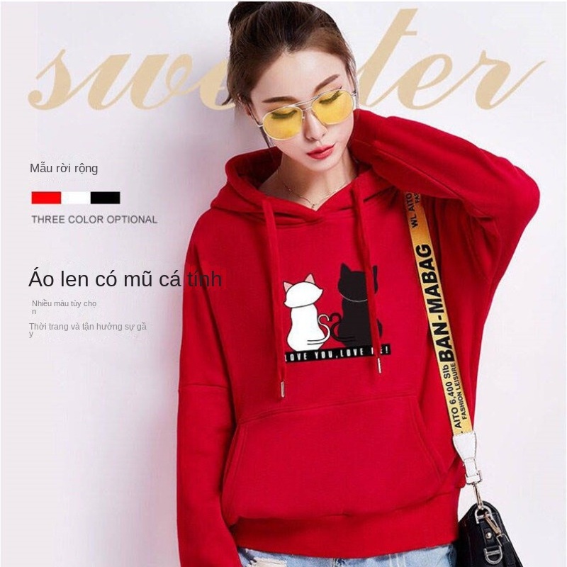 Áo Hoodie Lông Cừu Dáng Rộng In Hình Mèo Dễ Phối Đồ Thời Trang Mùa Thu Đông