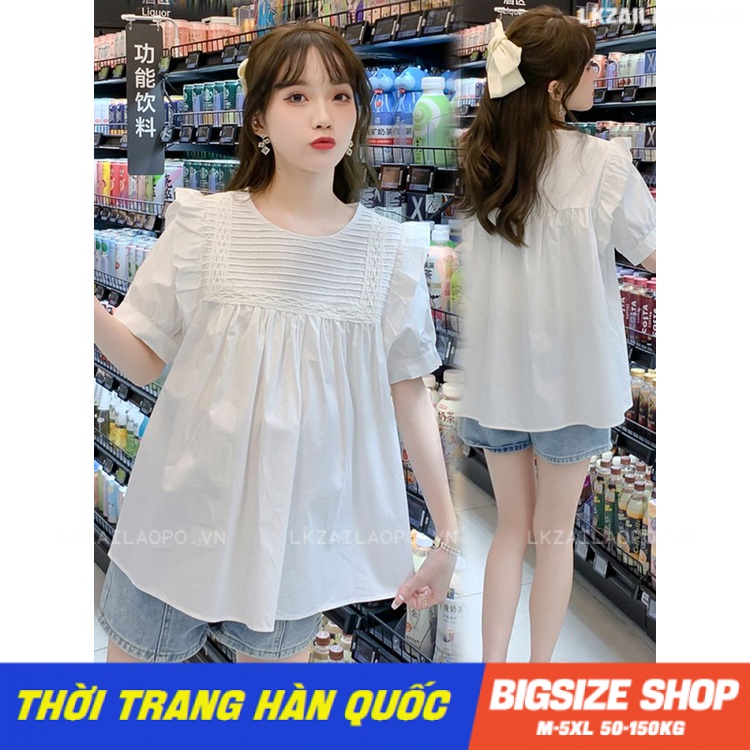 Áo sơ mi nữ tay ngắn Bigsize Áo sơ mi babydoll form rộng cổ tròn trắng Mùa Hè Phong Cách hàn quốc đẹp Thanh Lịch cho nữ