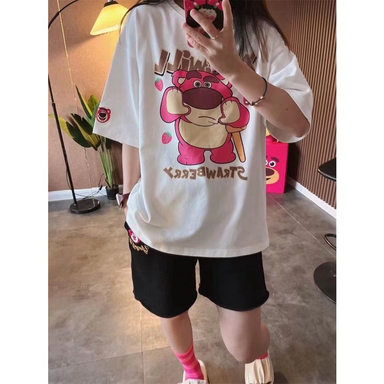 Quần áo gấu dâu bộ quần áo gấu dâu Hoạt Hình Áo Thun Tay Ngắn Dáng Rộng In Họa Tiết Gấu Và Dâu Tây Dễ Thương Thời Trang Mùa Hè 2023 Cho Nữ