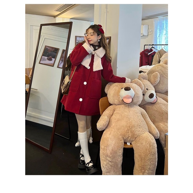 Sugemiusi Áo Khoác Len Lông Cừu Cổ Búp Bê Thắt Nơ Phong Cách Giáng Sinh Năm Mới
