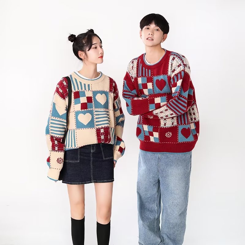 YOUTANG Áo sweater Dệt Kim Kẻ Sọc Caro Đỏ Phong Cách retro Mỹ Giáng Sinh Năm Mới Thu Đông Dành Cho Cặp Đôi
