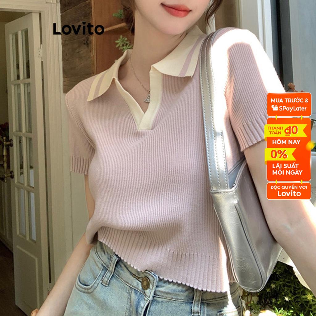 Áo dệt kim Lovito phối viền tương phản màu trơn thường ngày cho nữ LNA16221